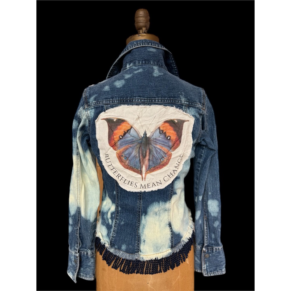 Upcycled Butterfly Jean Jacket | Bleached Fringe Denim | Size S - Picture 3 of 11